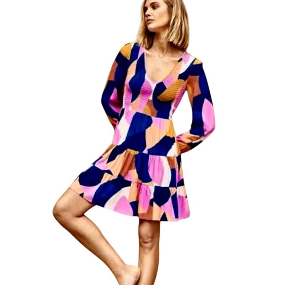 Mister Zimi Cecile Mod Abstract Art Print Smocked Dress Tiered Balloon Sleeve 14